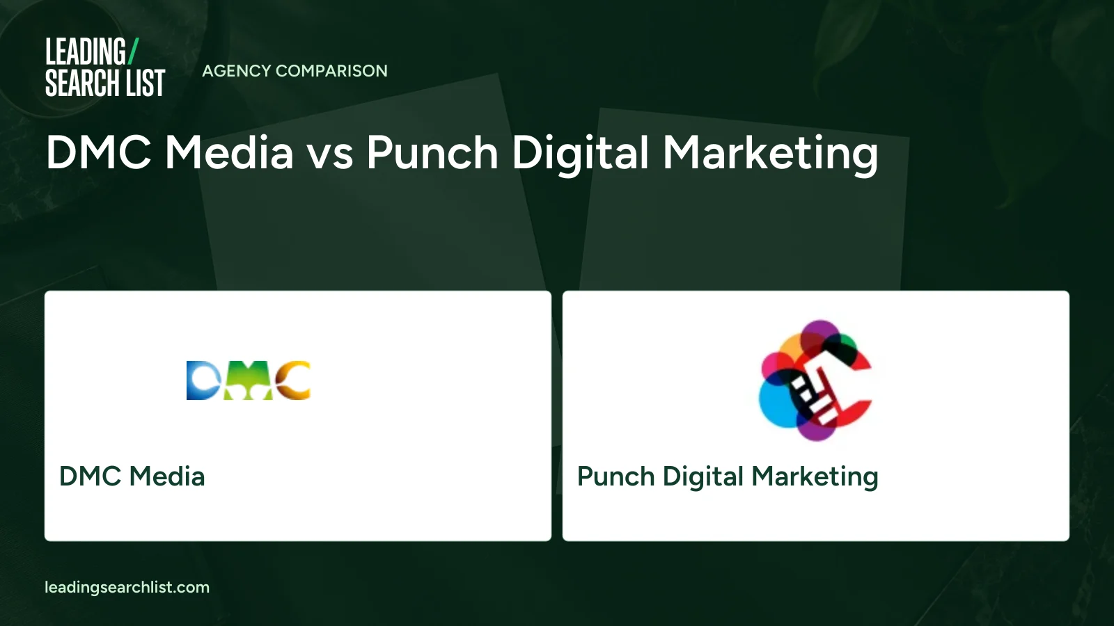 DMC Media vs Punch Digital Marketing. Logos shown: DMC Media, Punch Digital Marketing. Leading Search List.
