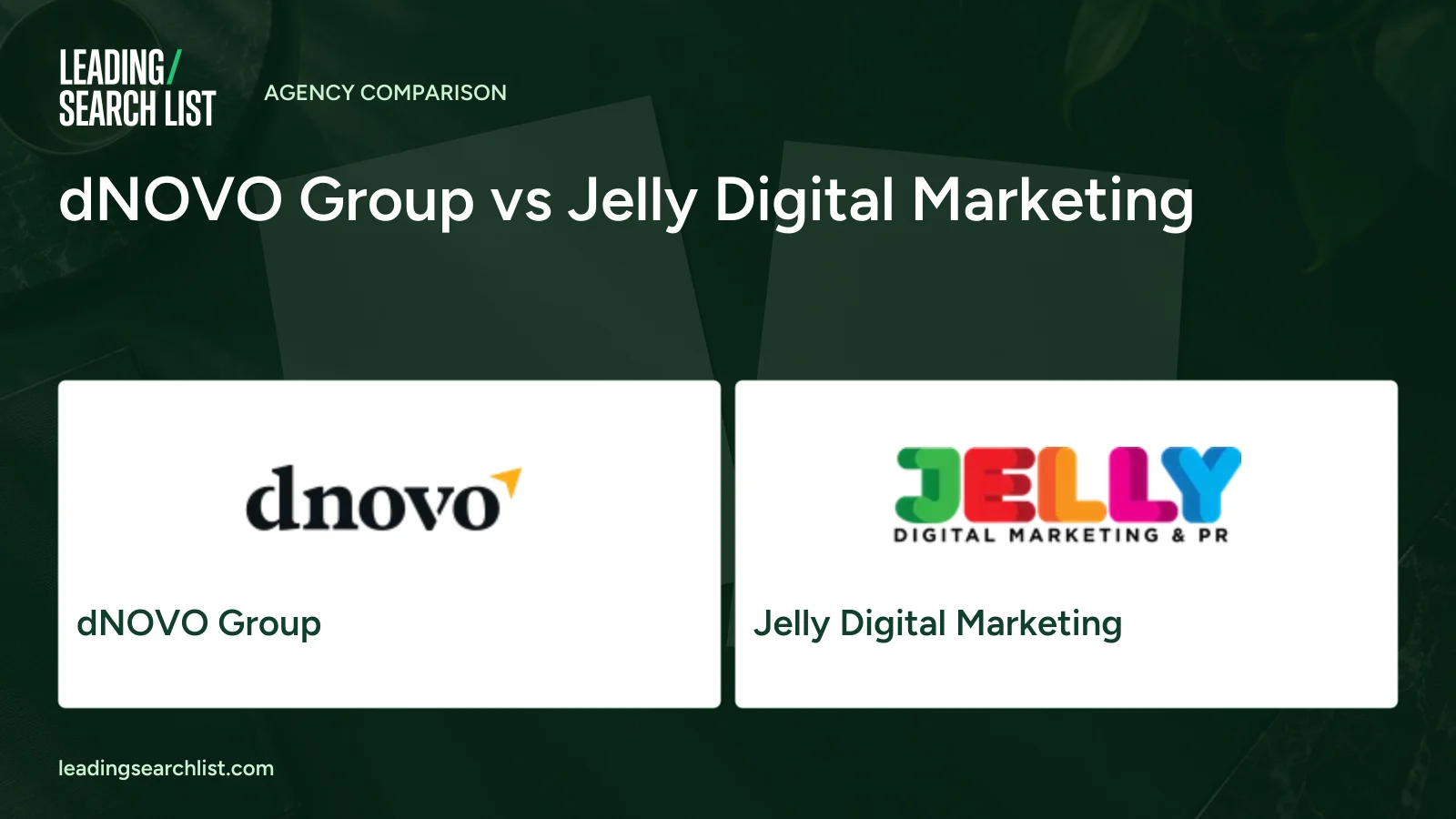 dNOVO Group vs Jelly Digital Marketing. Logos shown: dNOVO Group, Jelly Digital Marketing. Leading Search List.