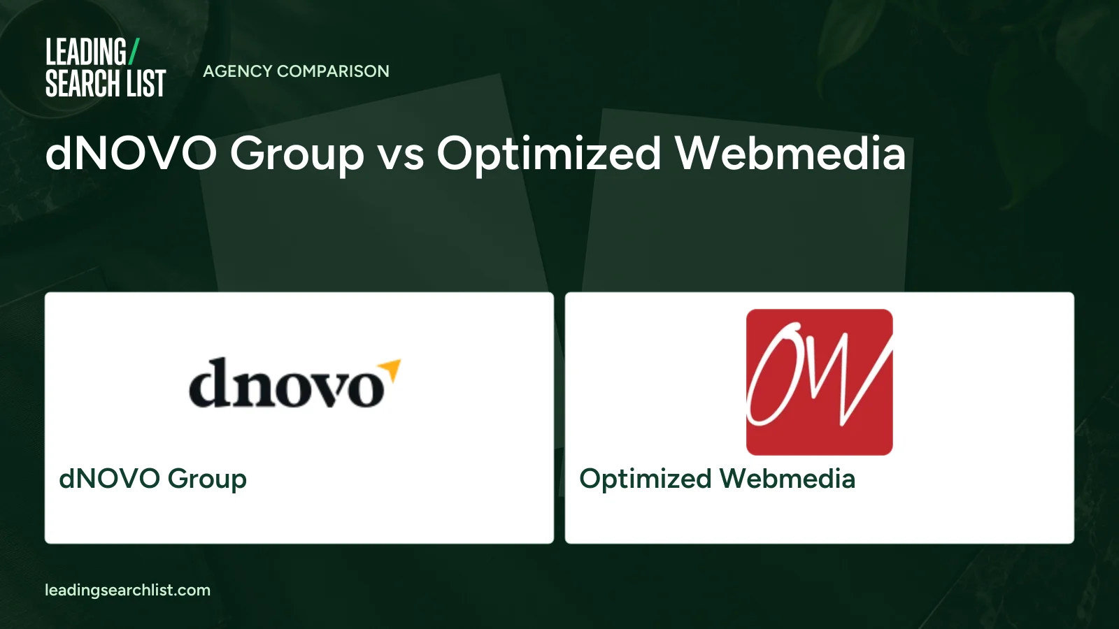 dNOVO Group vs Optimized Webmedia. Logos shown: dNOVO Group, Optimized Webmedia. Leading Search List.