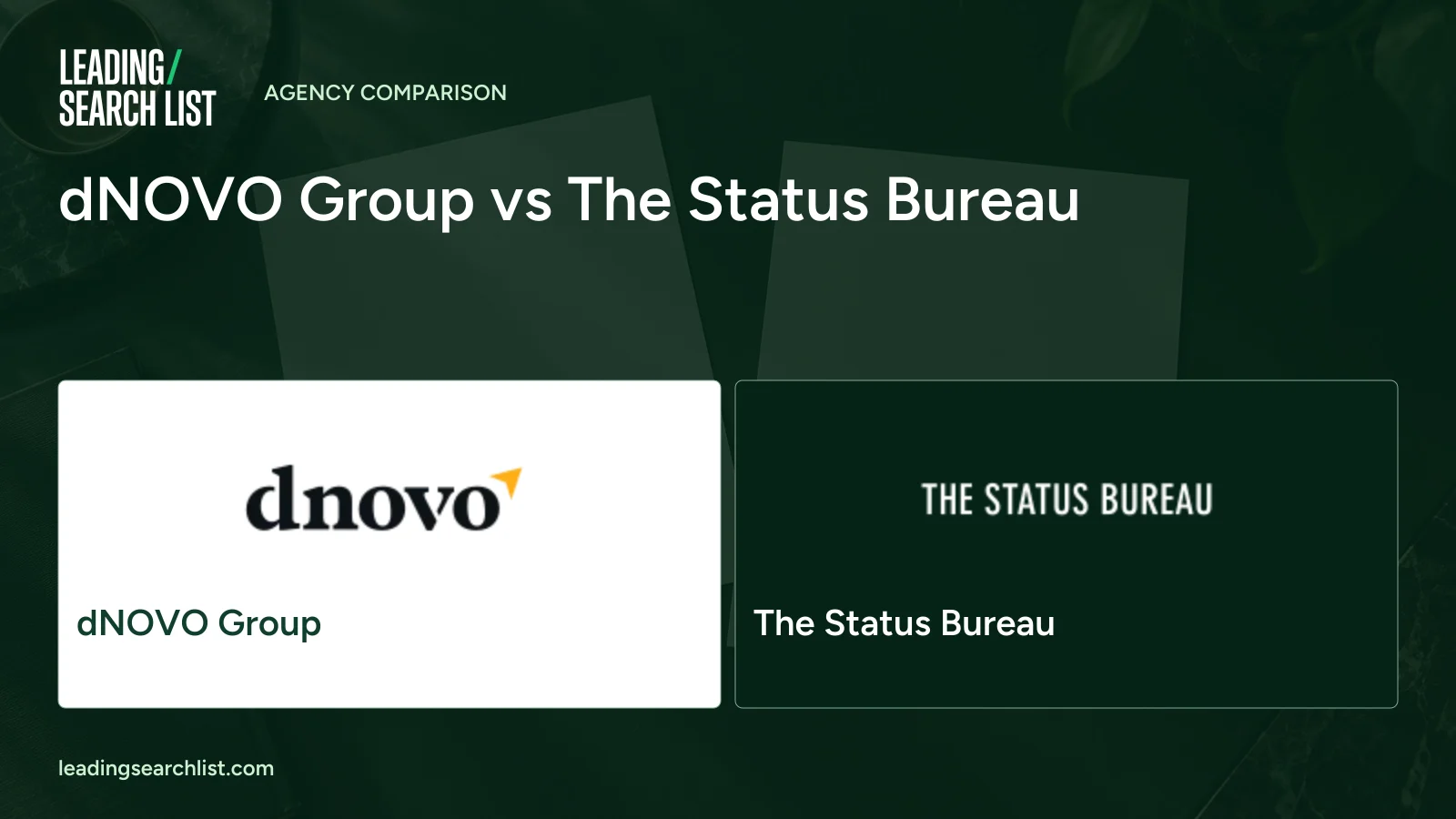 dNOVO Group vs The Status Bureau. Logos shown: dNOVO Group, The Status Bureau. Leading Search List.