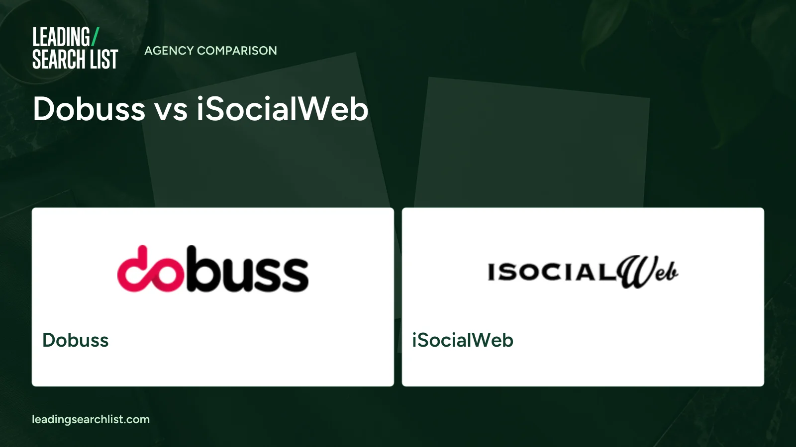 Dobuss vs iSocialWeb. Logos shown: Dobuss, iSocialWeb. Leading Search List.