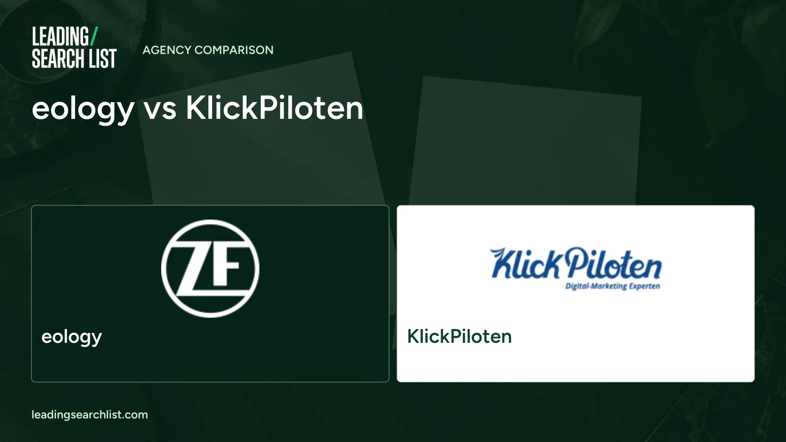 eology vs KlickPiloten. Logos shown: eology, KlickPiloten. Leading Search List.