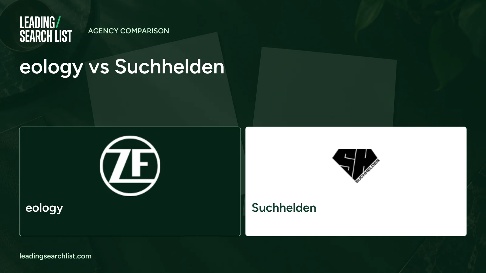 eology vs Suchhelden. Logos shown: eology, Suchhelden. Leading Search List.