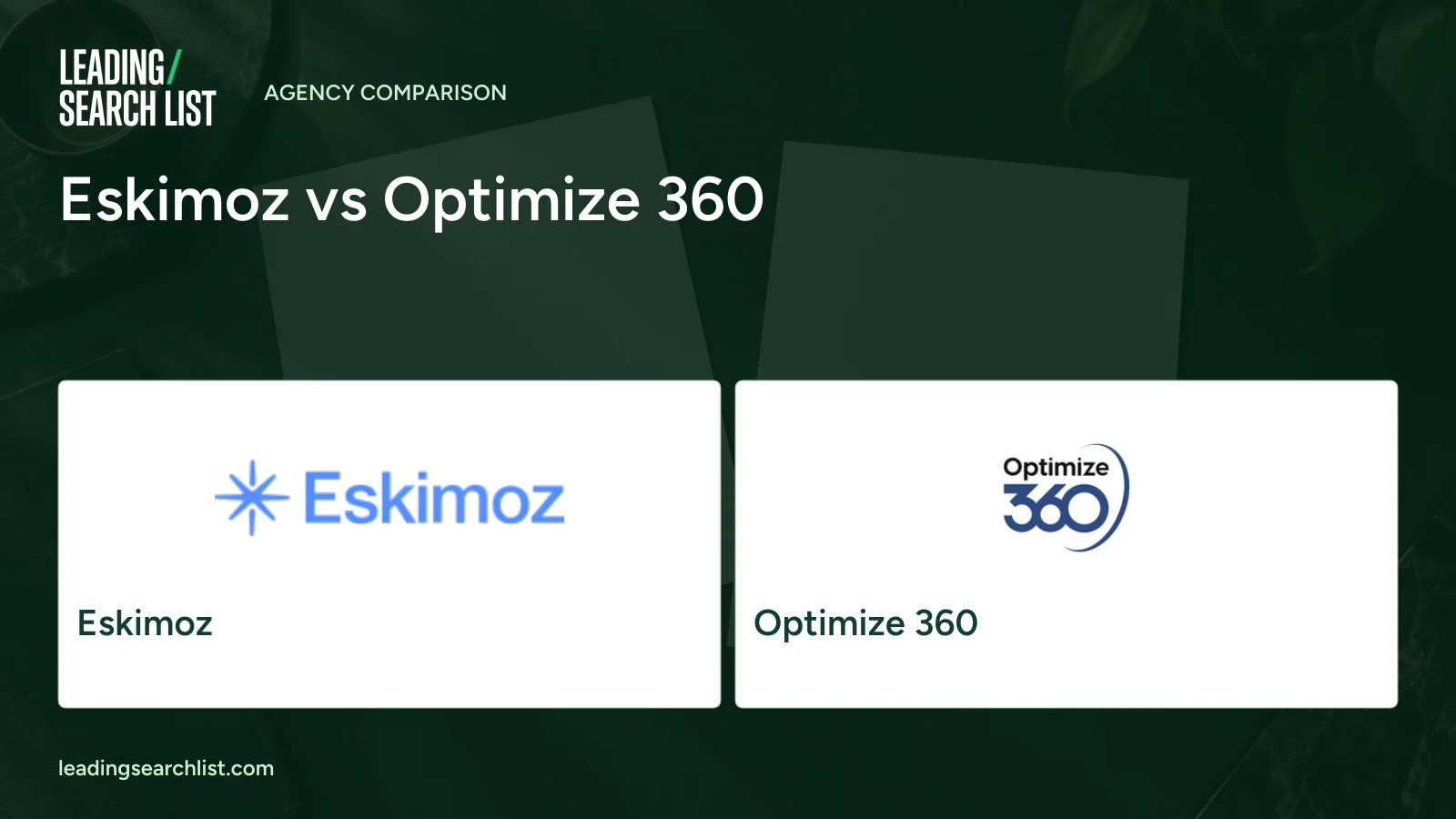 Eskimoz vs Optimize 360. Logos shown: Eskimoz, Optimize 360. Leading Search List.