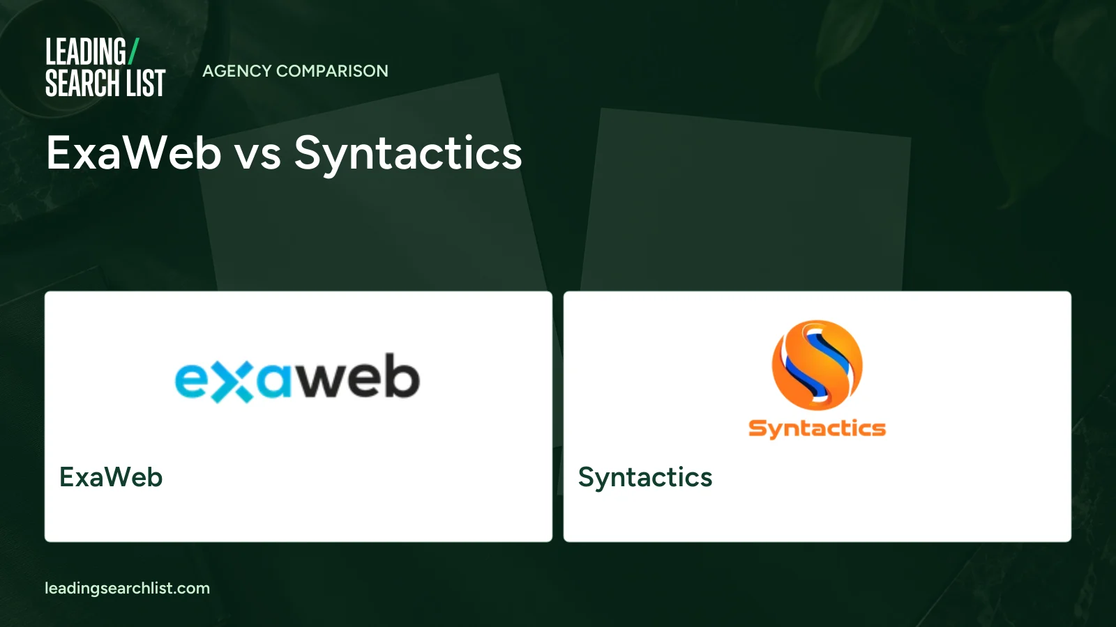 ExaWeb vs Syntactics. Logos shown: ExaWeb, Syntactics. Leading Search List.