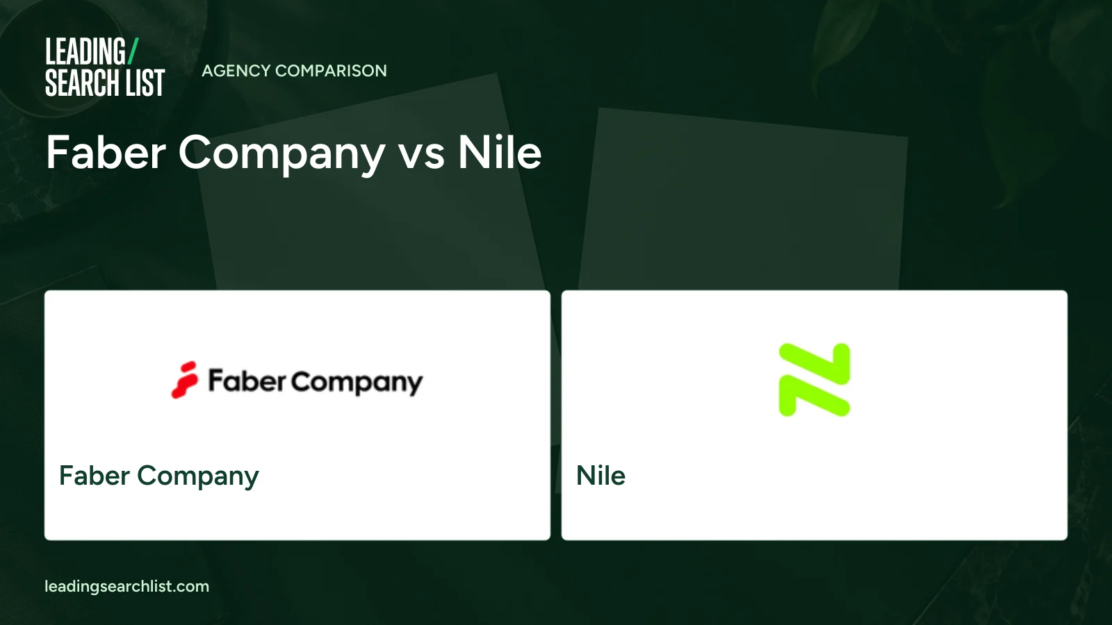 Faber Company vs Nile. Logos shown: Faber Company, Nile. Leading Search List.
