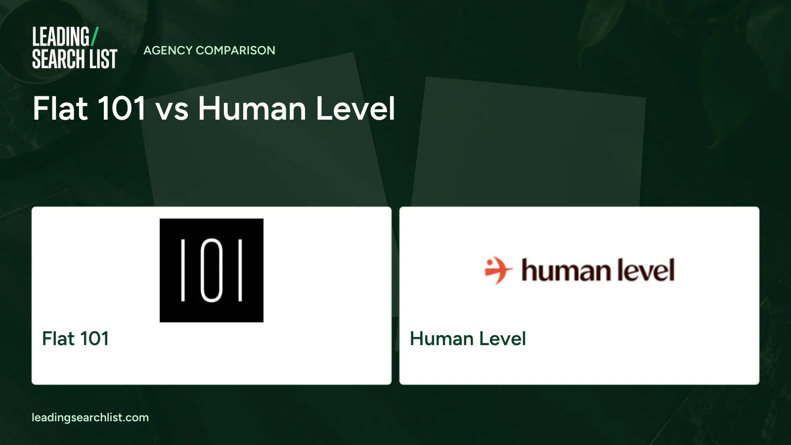 Flat 101 vs Human Level. Logos shown: Flat 101, Human Level. Leading Search List.