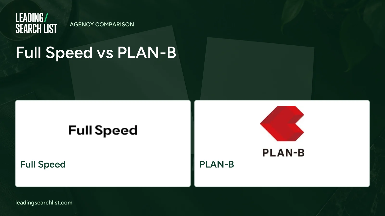 Full Speed vs PLAN-B. Logos shown: Full Speed, PLAN-B. Leading Search List.