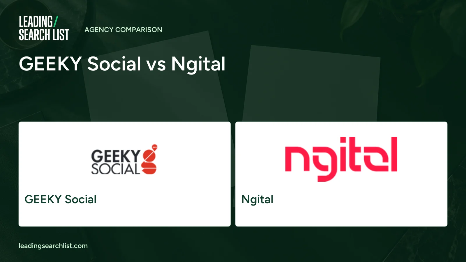 GEEKY Social vs Ngital. Logos shown: GEEKY Social, Ngital. Leading Search List.
