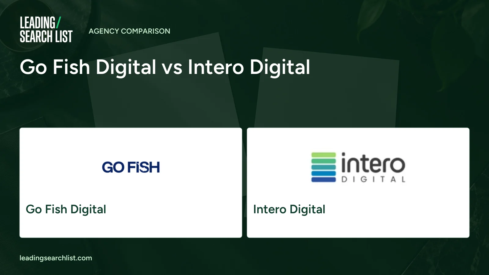 Go Fish Digital vs Intero Digital. Logos shown: Go Fish Digital, Intero Digital. Leading Search List.