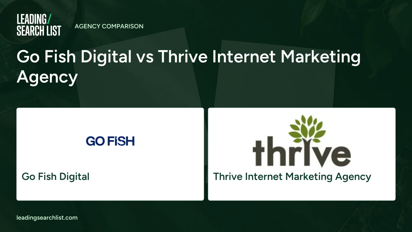 Go Fish Digital vs Thrive Internet Marketing Agency. Logos shown: Go Fish Digital, Thrive Internet Marketing Agency. Leading Search List.