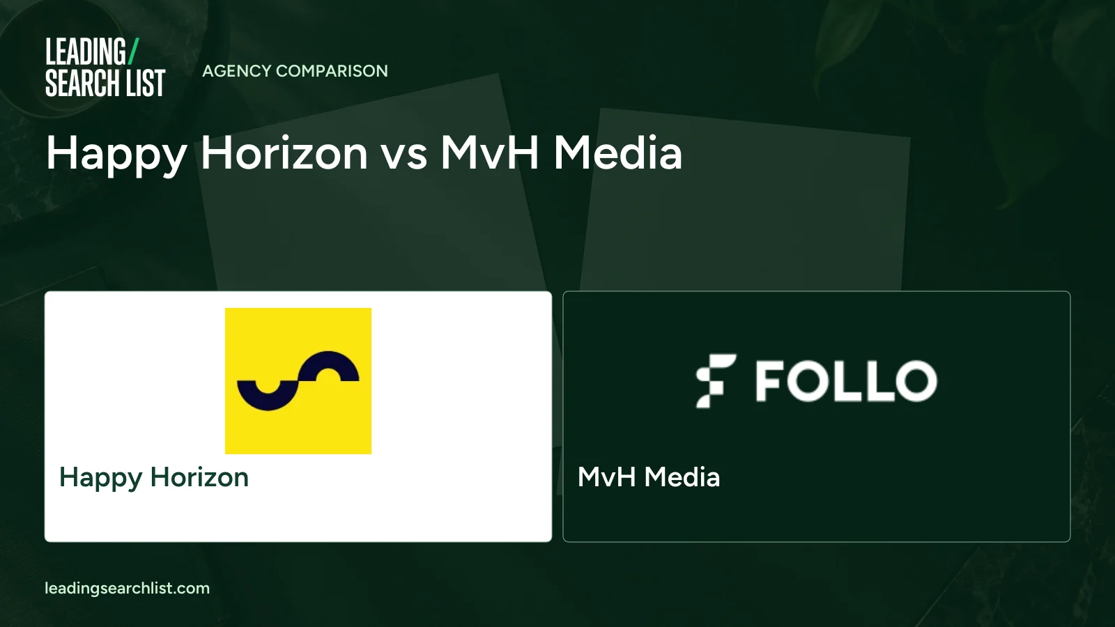 Happy Horizon vs MvH Media. Logos shown: Happy Horizon, MvH Media. Leading Search List.