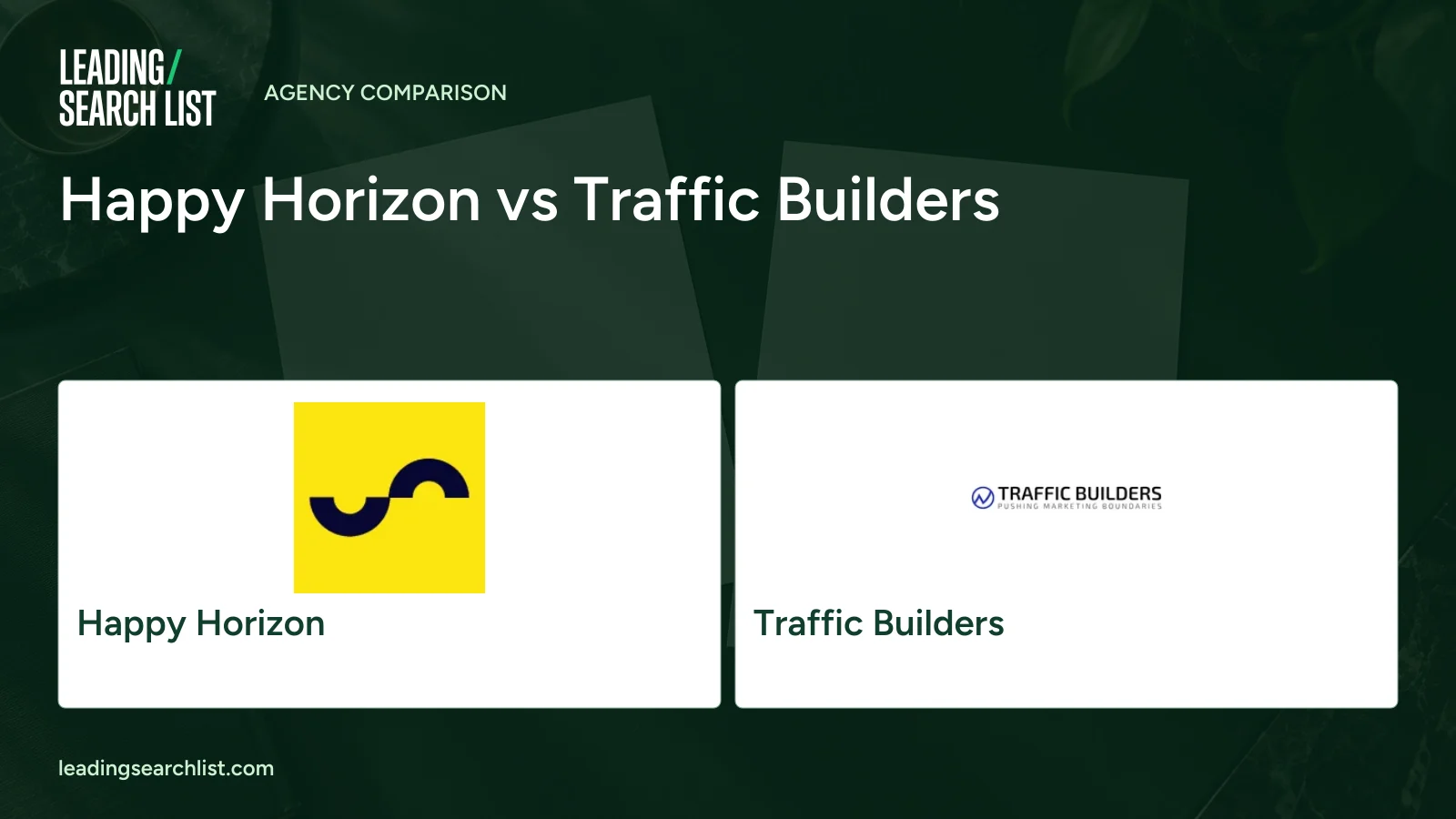 Happy Horizon vs Traffic Builders. Logos shown: Happy Horizon, Traffic Builders. Leading Search List.