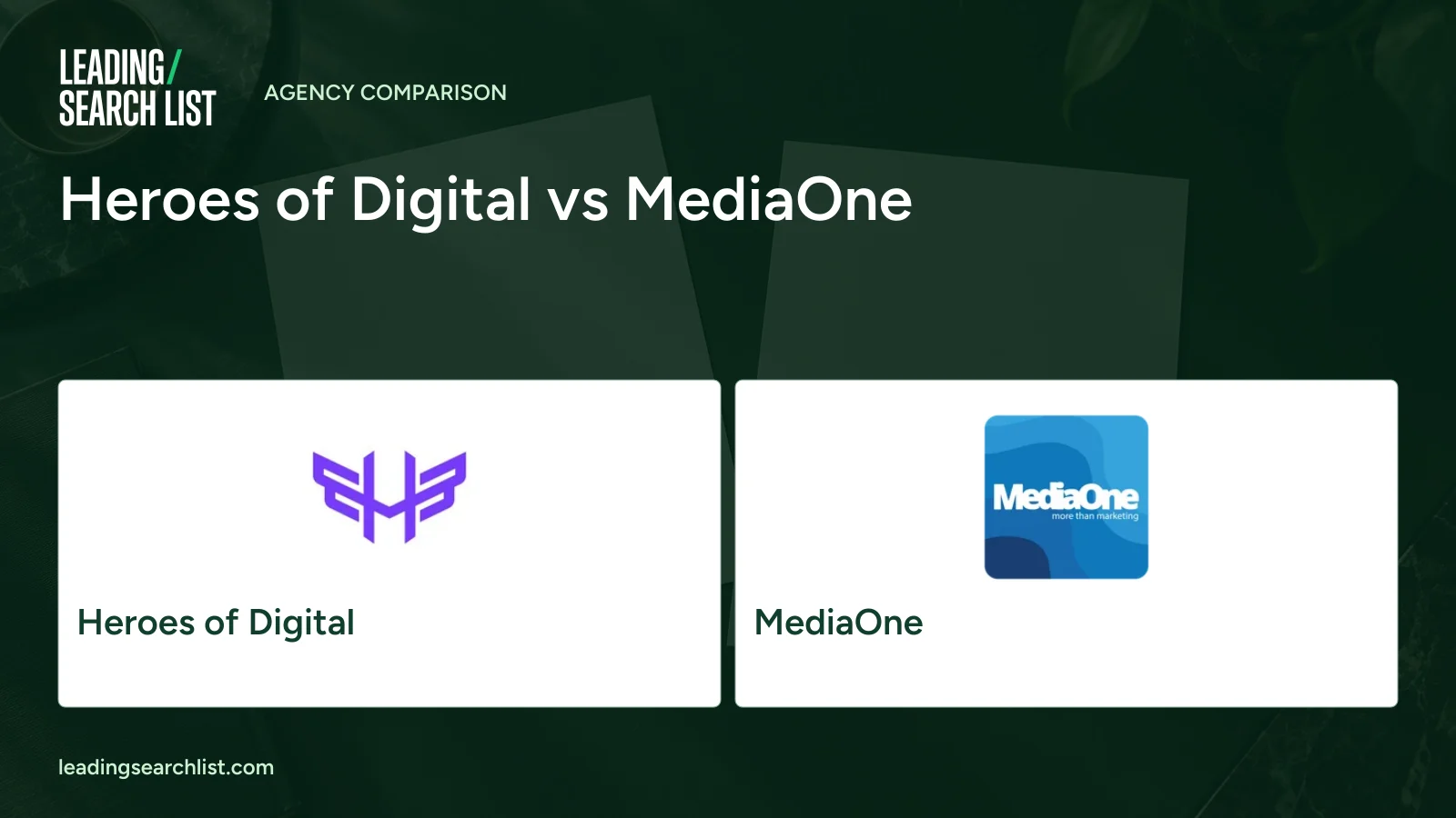 Heroes of Digital vs MediaOne. Logos shown: Heroes of Digital, MediaOne. Leading Search List.