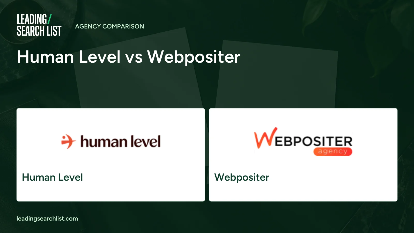 Human Level vs Webpositer. Logos shown: Human Level, Webpositer. Leading Search List.