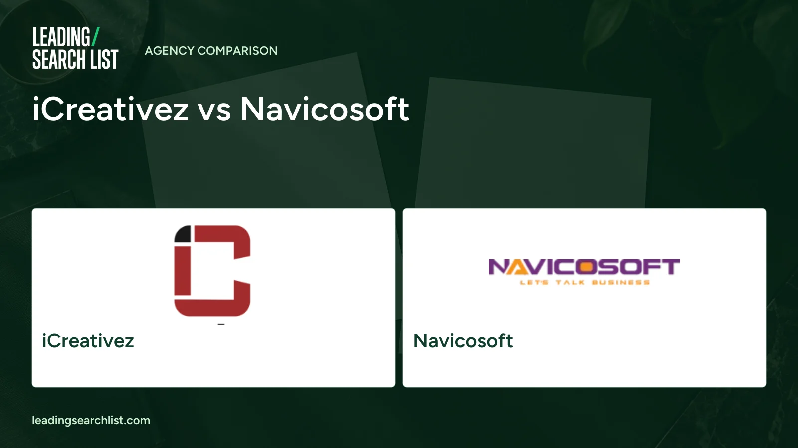 iCreativez vs Navicosoft. Logos shown: iCreativez, Navicosoft. Leading Search List.
