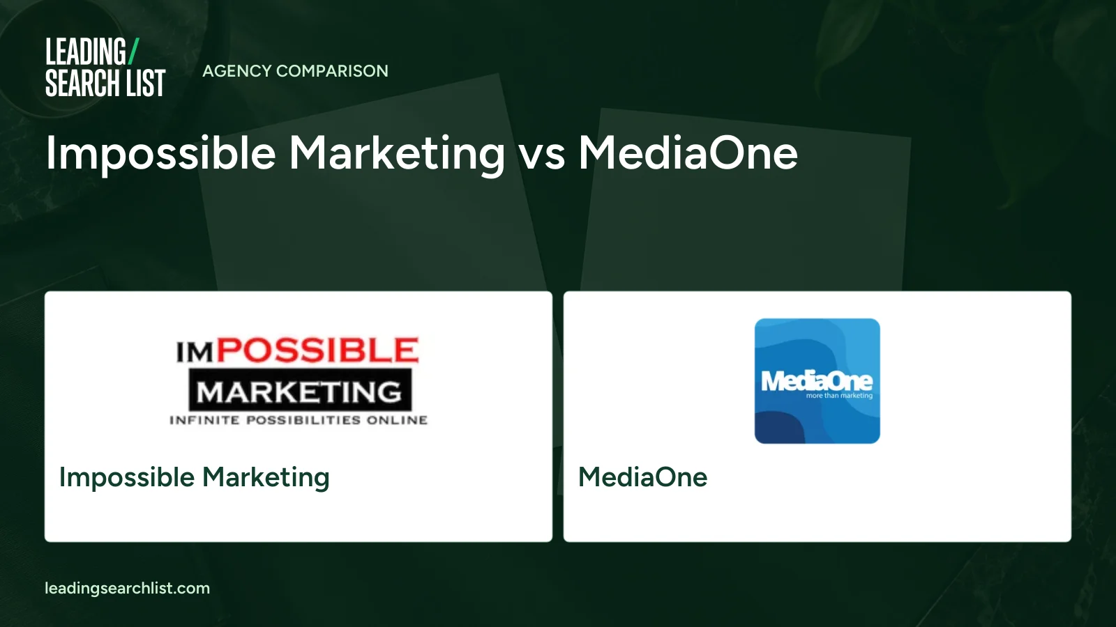 Impossible Marketing vs MediaOne. Logos shown: Impossible Marketing, MediaOne. Leading Search List.