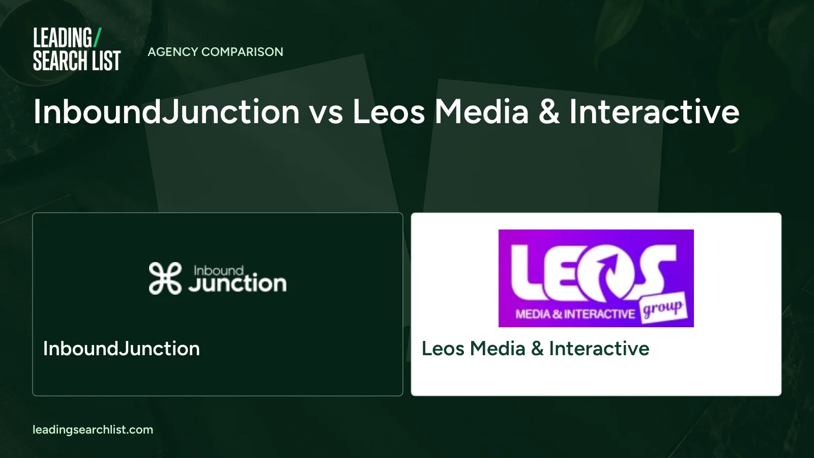 InboundJunction vs Leos Media & Interactive. Logos shown: InboundJunction, Leos Media & Interactive. Leading Search List.