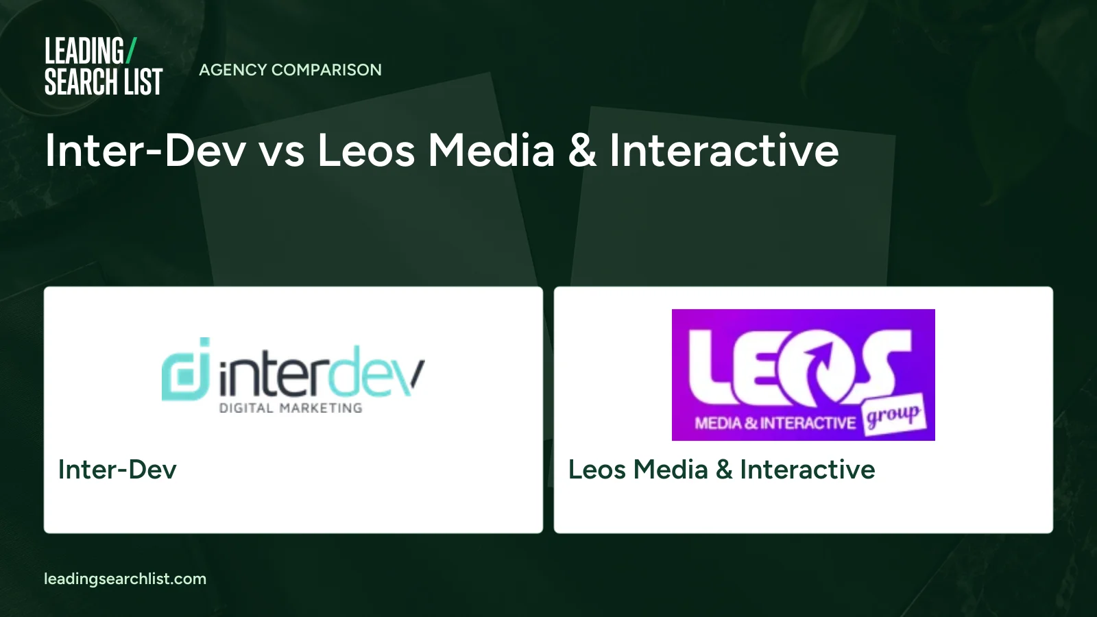 Inter-Dev vs Leos Media & Interactive. Logos shown: Inter-Dev, Leos Media & Interactive. Leading Search List.