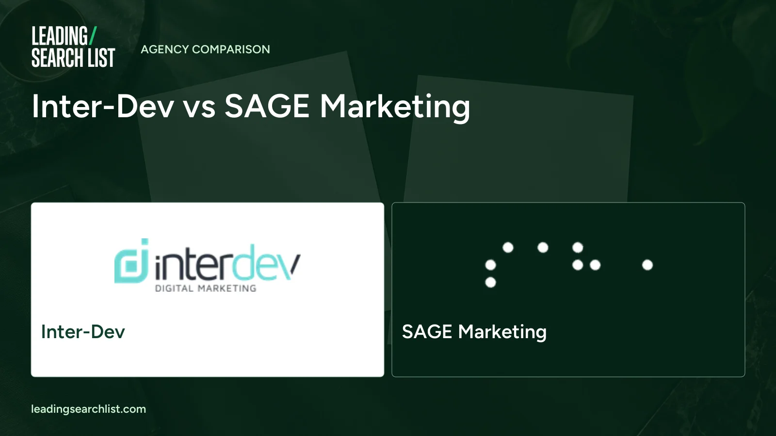 Inter-Dev vs SAGE Marketing. Logos shown: Inter-Dev, SAGE Marketing. Leading Search List.