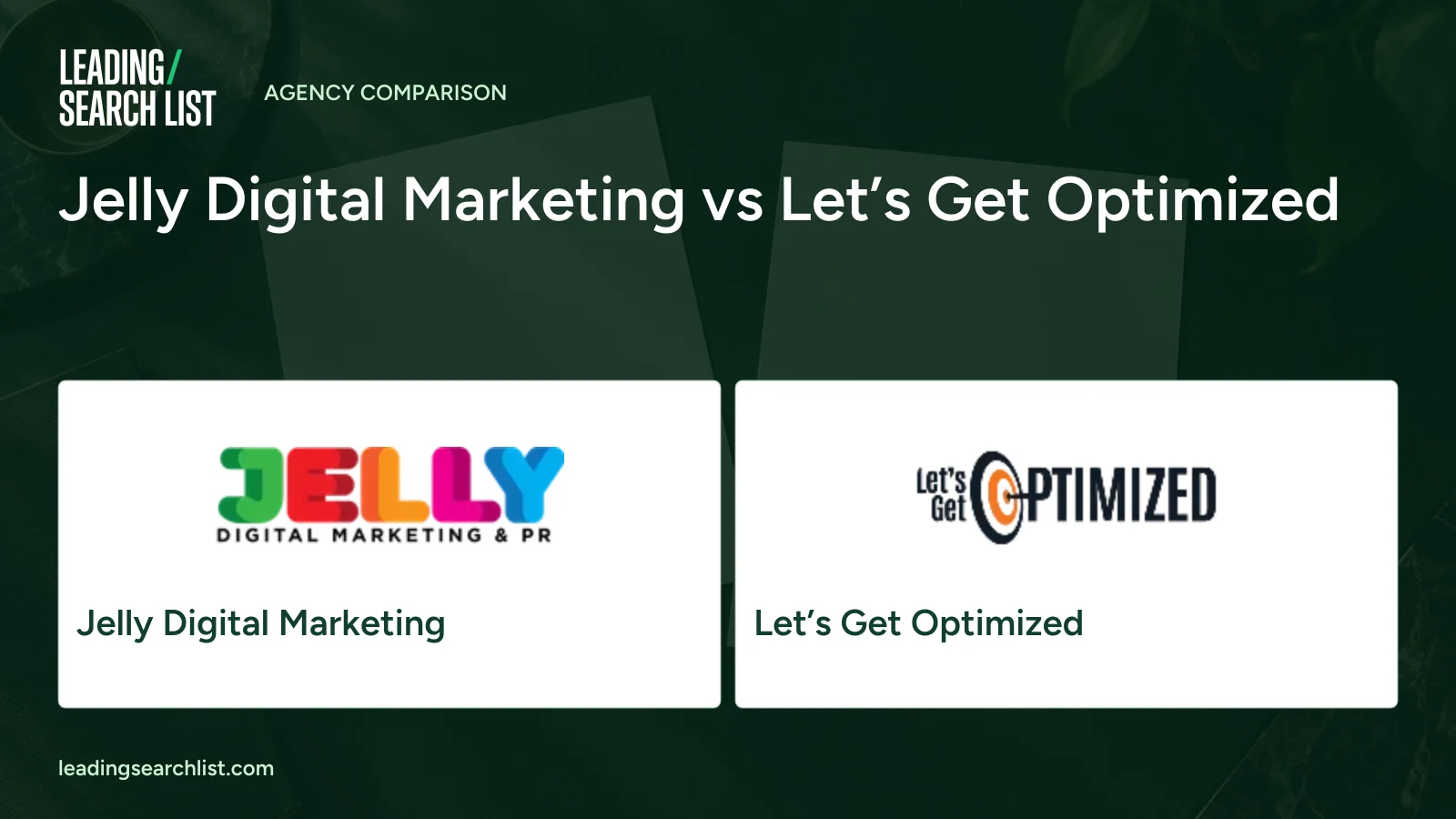 Jelly Digital Marketing vs Let’s Get Optimized. Logos shown: Jelly Digital Marketing, Let’s Get Optimized. Leading Search List.