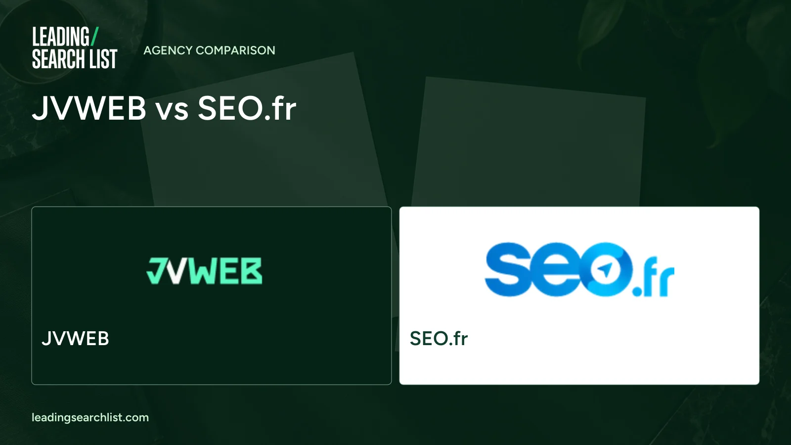 JVWEB vs SEO.fr. Logos shown: JVWEB, SEO.fr. Leading Search List.