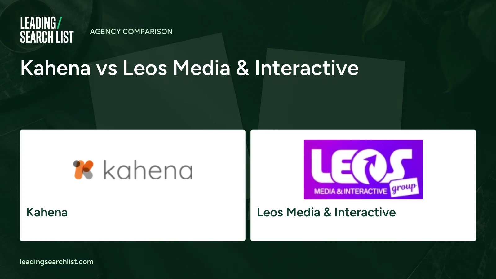 Kahena vs Leos Media & Interactive. Logos shown: Kahena, Leos Media & Interactive. Leading Search List.