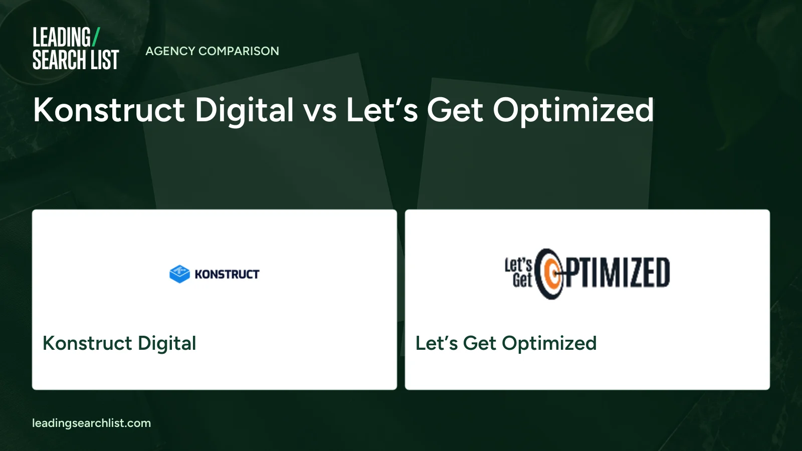 Konstruct Digital vs Let’s Get Optimized. Logos shown: Konstruct Digital, Let’s Get Optimized. Leading Search List.