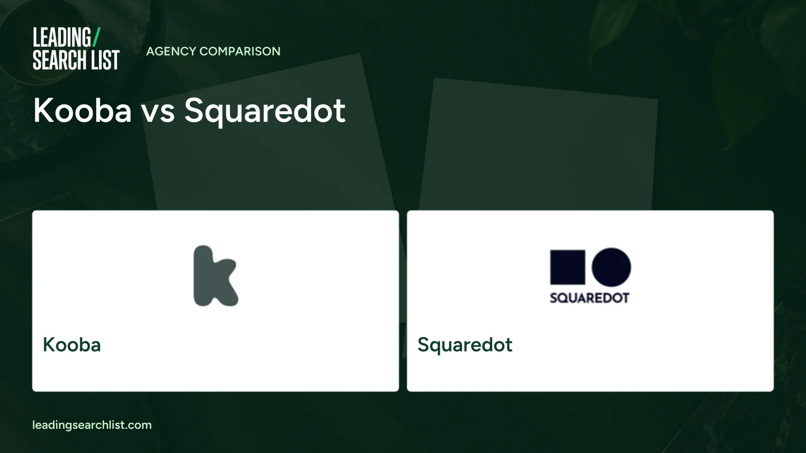 Kooba vs Squaredot. Logos shown: Kooba, Squaredot. Leading Search List.