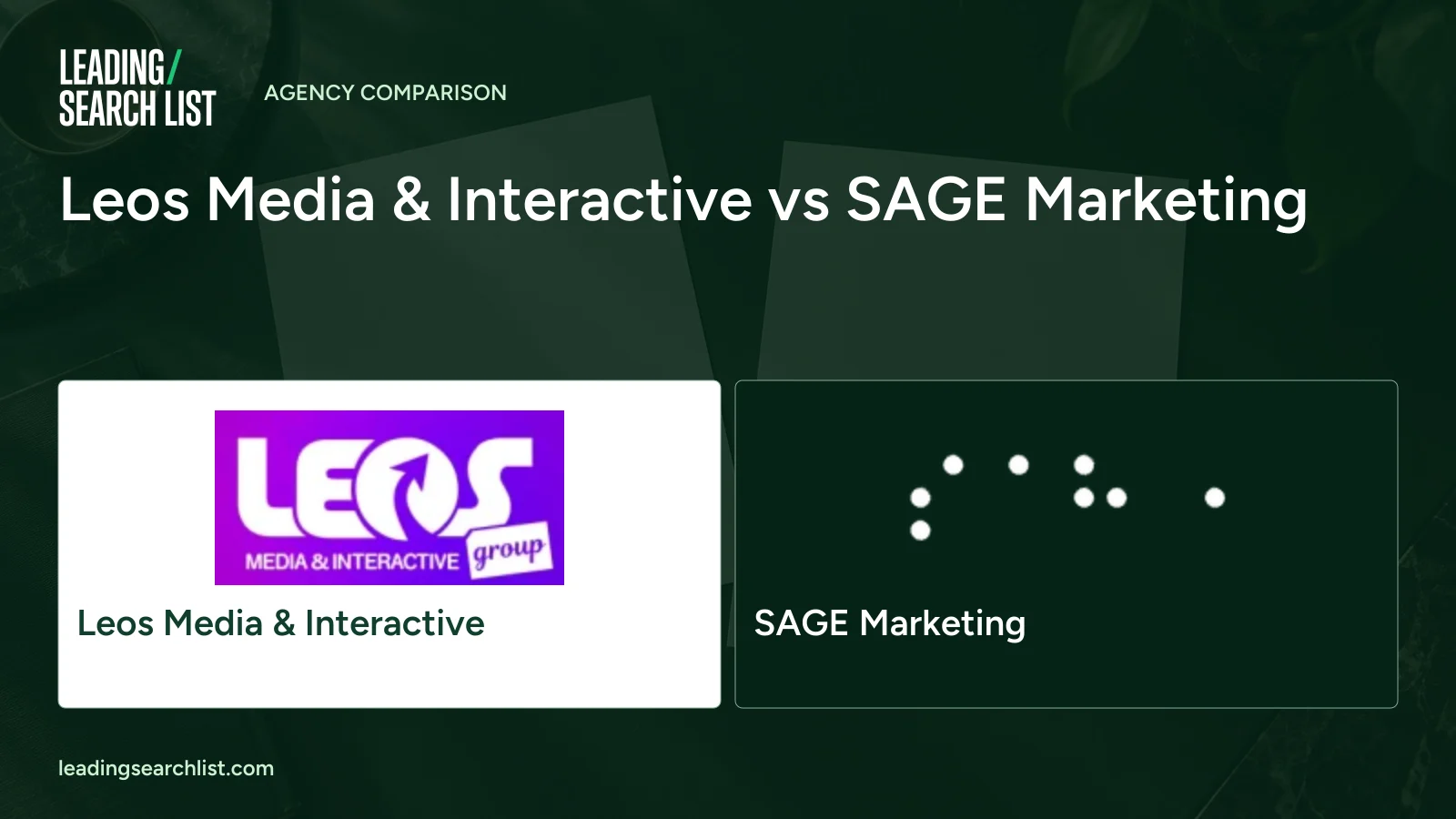 Leos Media & Interactive vs SAGE Marketing. Logos shown: Leos Media & Interactive, SAGE Marketing. Leading Search List.