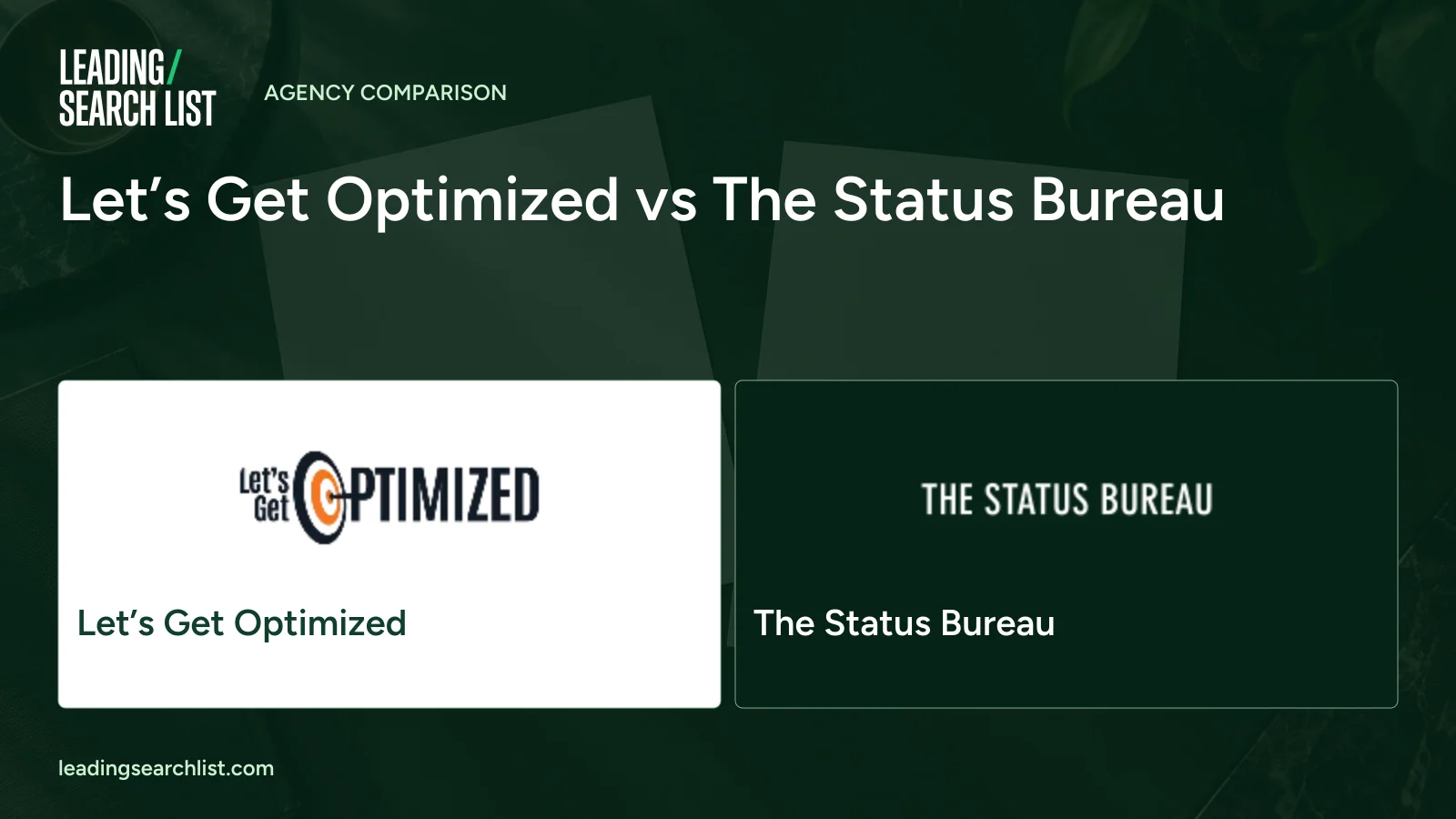 Let’s Get Optimized vs The Status Bureau. Logos shown: Let’s Get Optimized, The Status Bureau. Leading Search List.