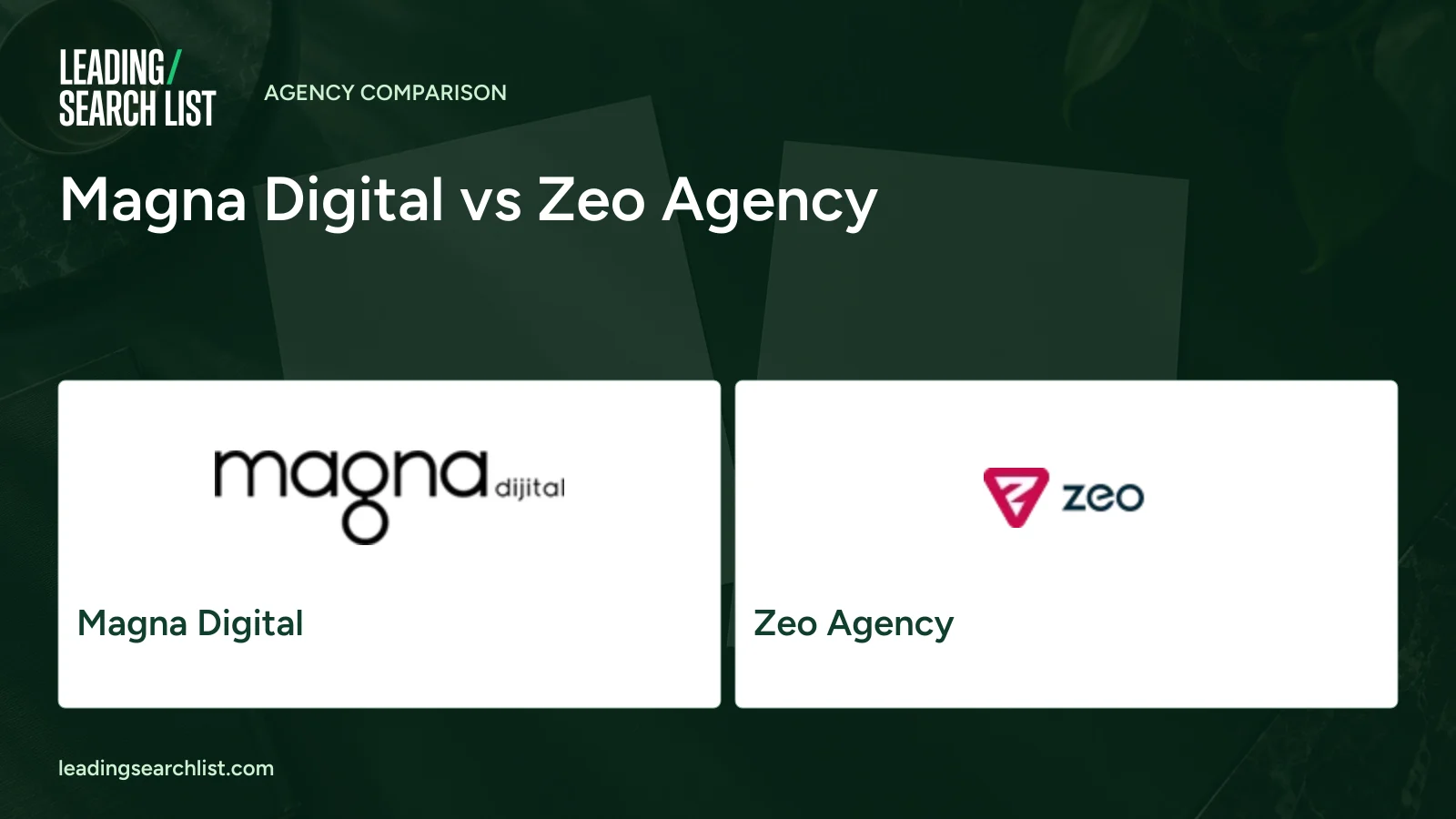 Magna Digital vs Zeo Agency. Logos shown: Magna Digital, Zeo Agency. Leading Search List.