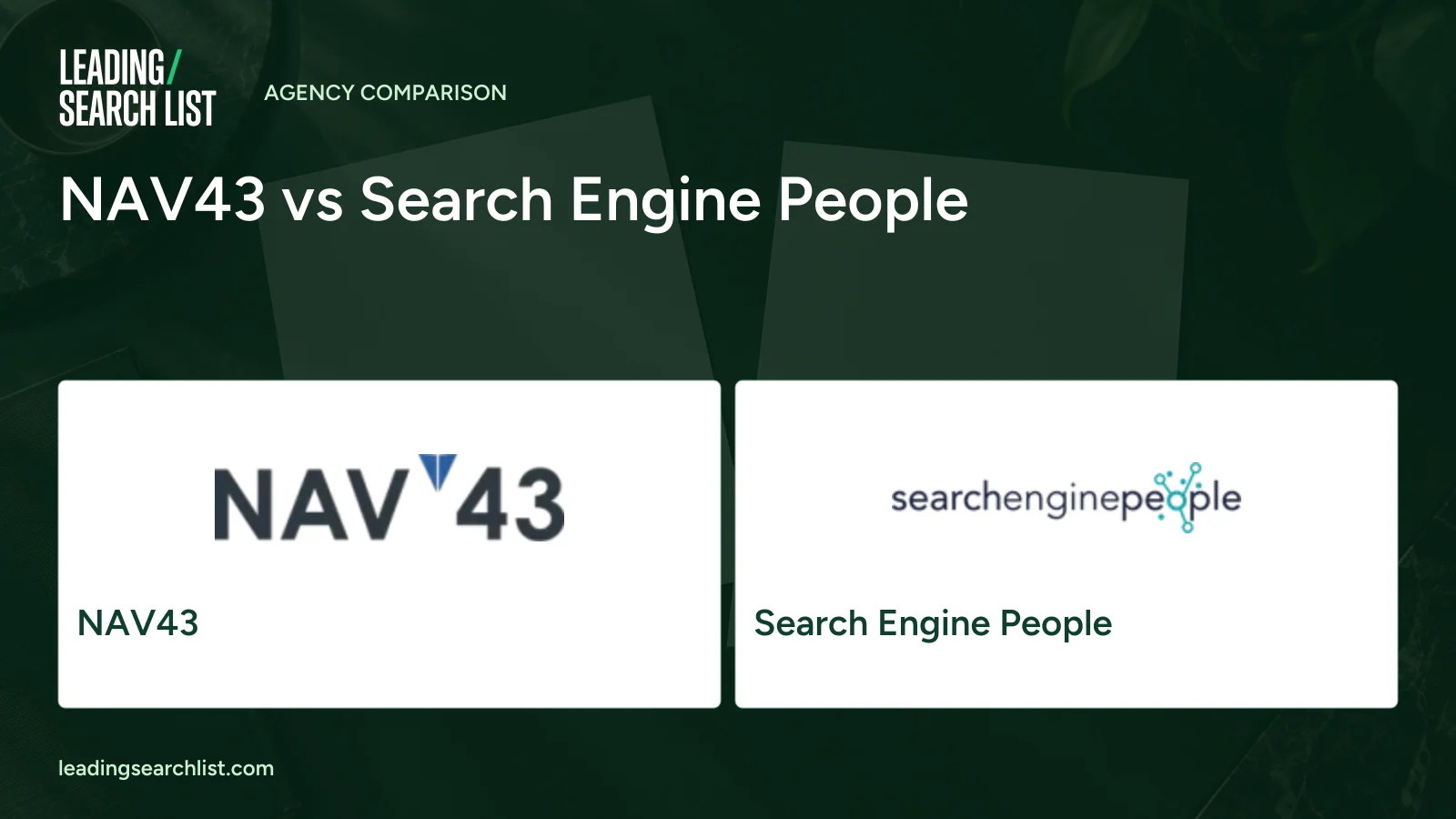 NAV43 vs Search Engine People. Logos shown: NAV43, Search Engine People. Leading Search List.