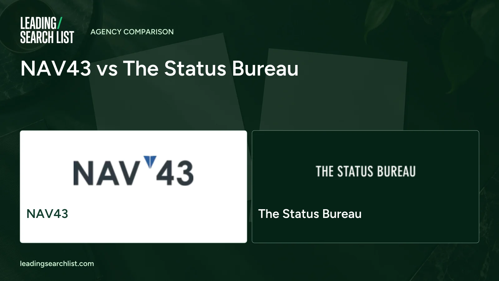 NAV43 vs The Status Bureau. Logos shown: NAV43, The Status Bureau. Leading Search List.