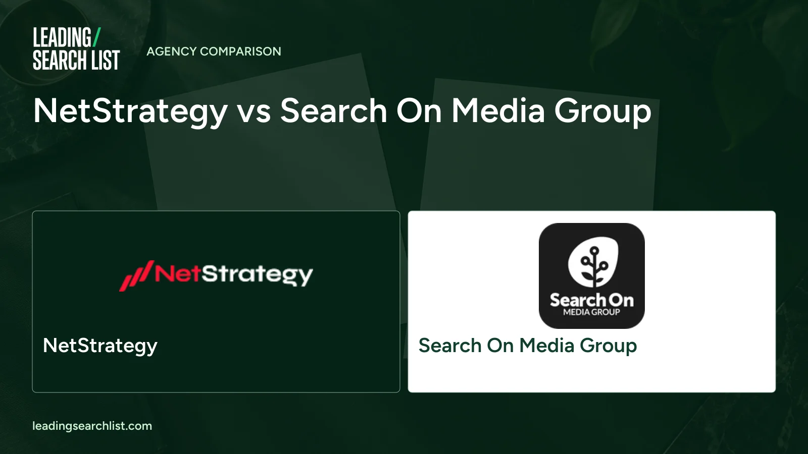 NetStrategy vs Search On Media Group. Logos shown: NetStrategy, Search On Media Group. Leading Search List.