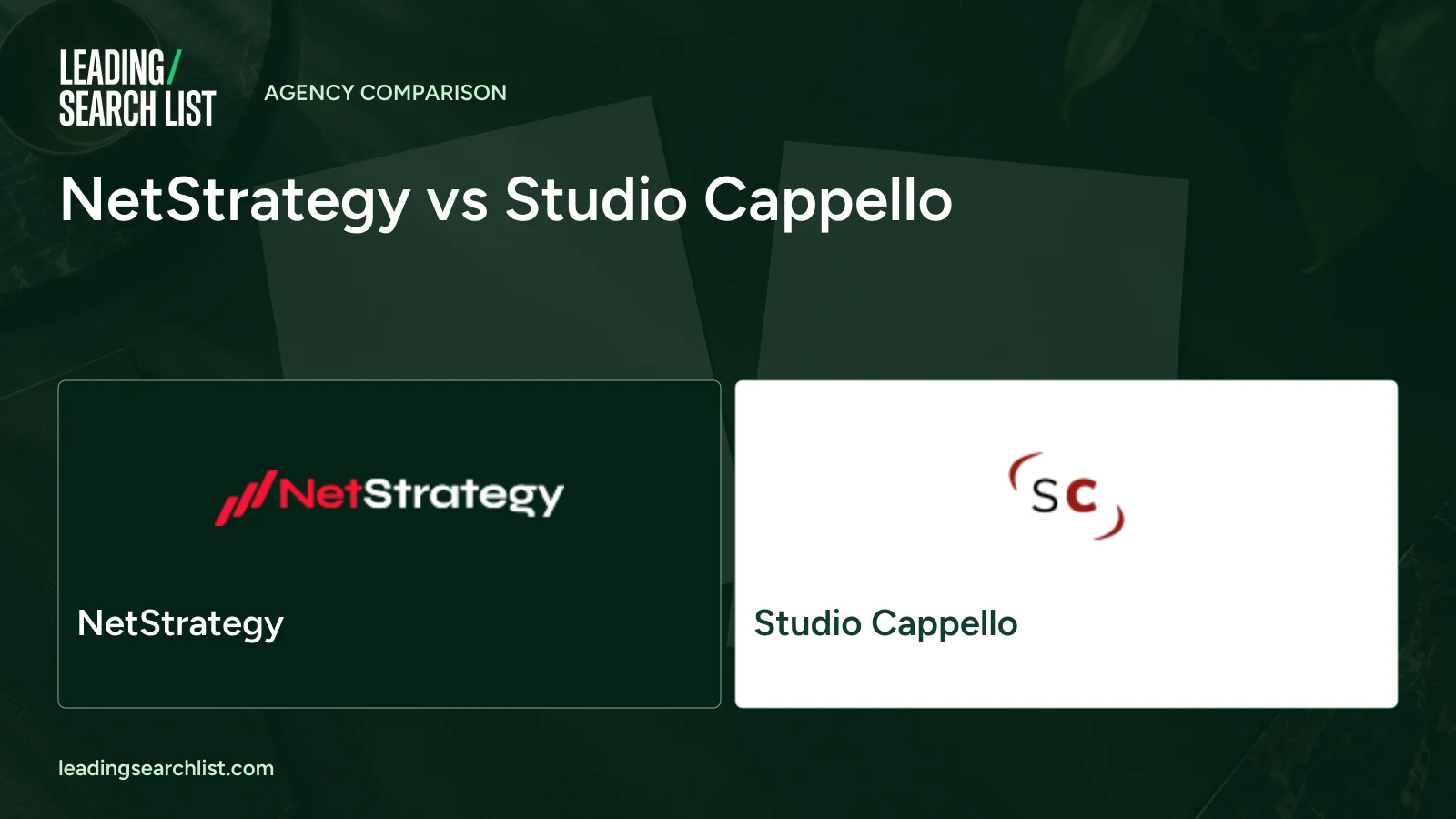 NetStrategy vs Studio Cappello. Logos shown: NetStrategy, Studio Cappello. Leading Search List.