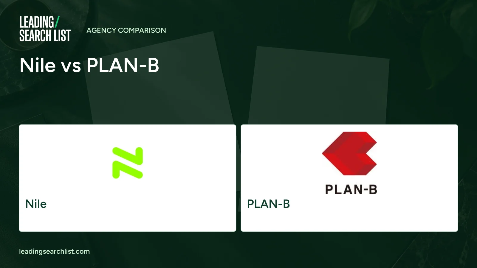 Nile vs PLAN-B. Logos shown: Nile, PLAN-B. Leading Search List.