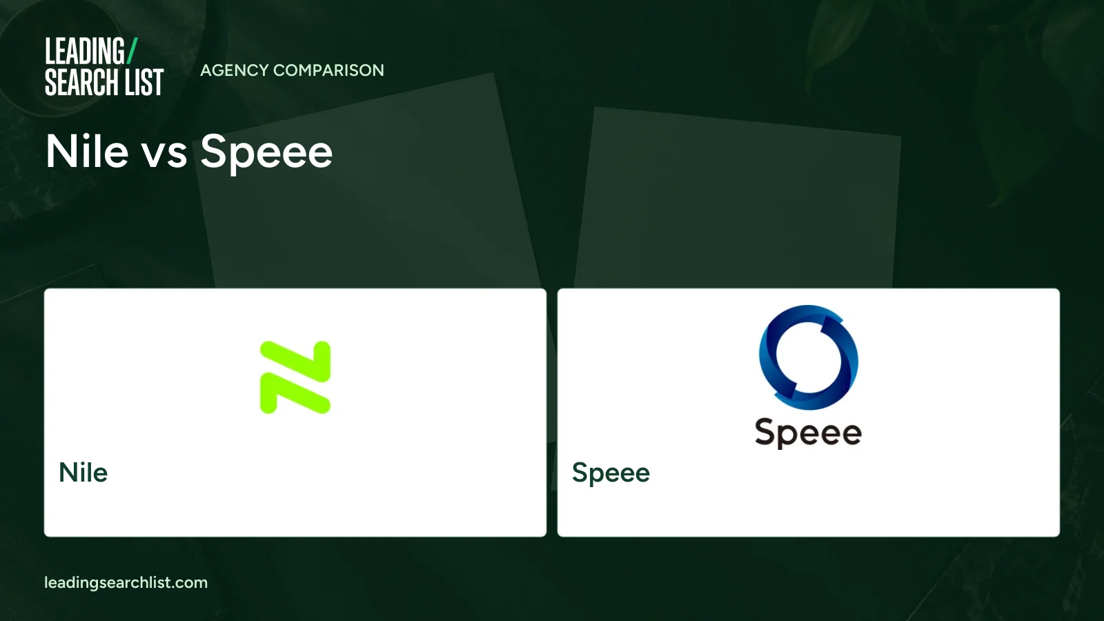 Nile vs Speee. Logos shown: Nile, Speee. Leading Search List.