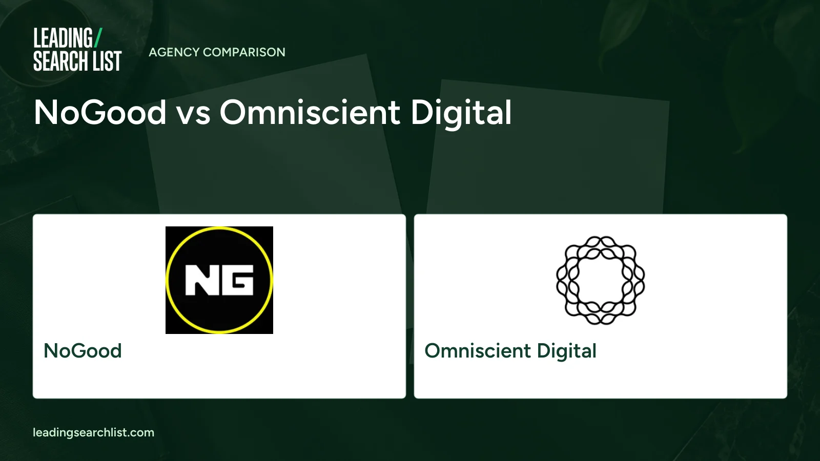 NoGood vs Omniscient Digital. Logos shown: NoGood, Omniscient Digital. Leading Search List.