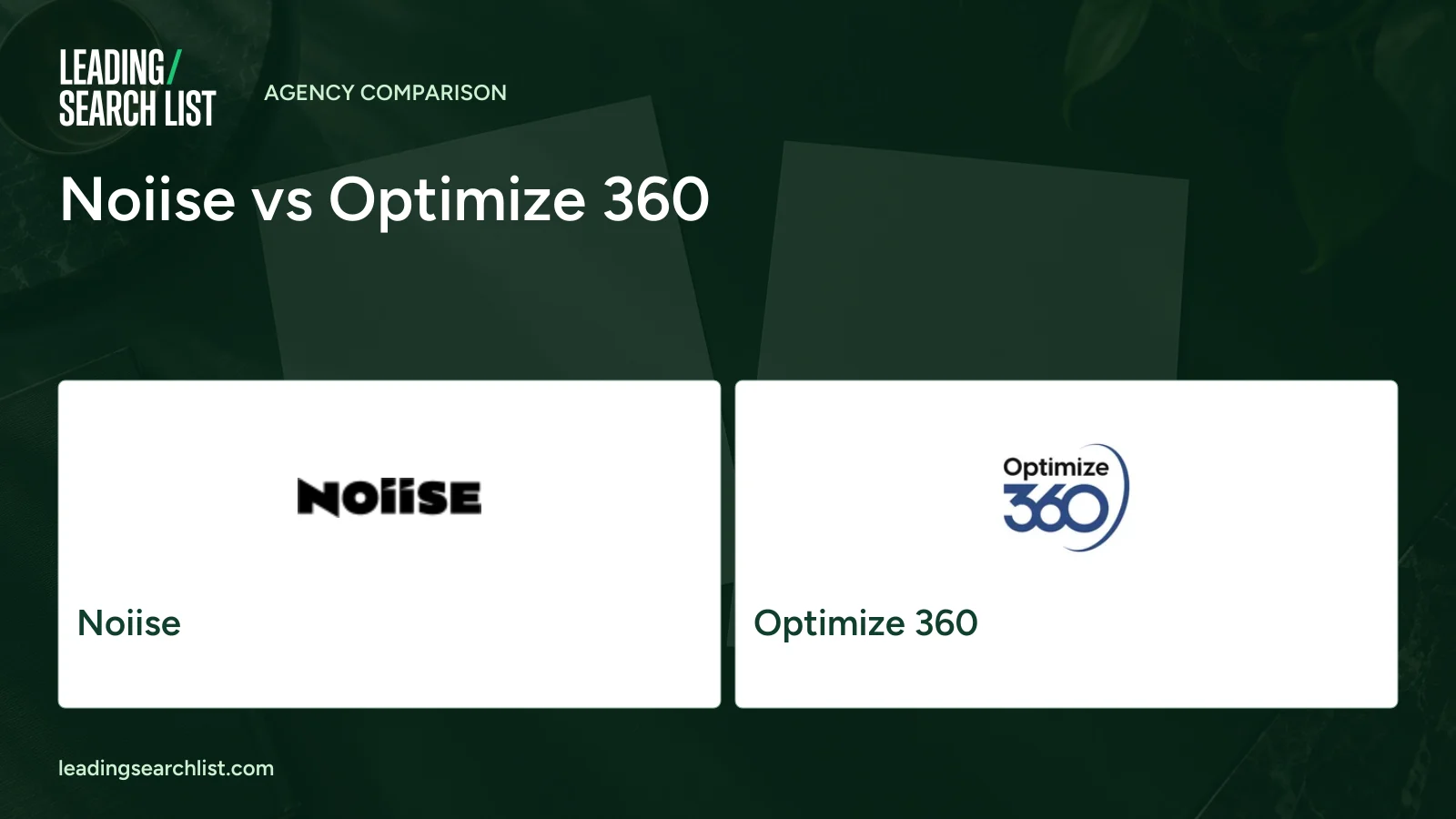 Noiise vs Optimize 360. Logos shown: Noiise, Optimize 360. Leading Search List.