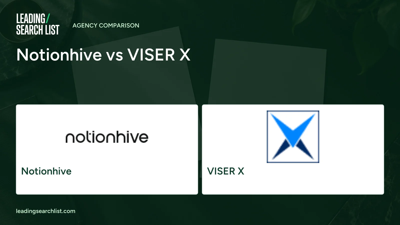 Notionhive vs VISER X. Logos shown: Notionhive, VISER X. Leading Search List.