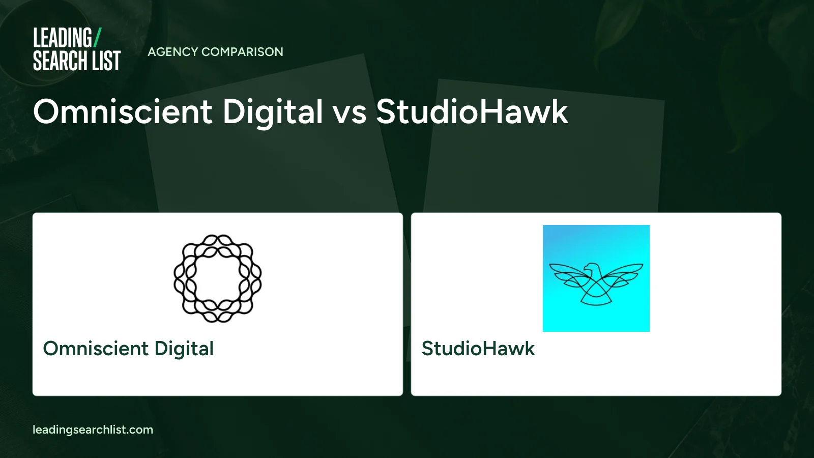 Omniscient Digital vs StudioHawk. Logos shown: Omniscient Digital, StudioHawk. Leading Search List.