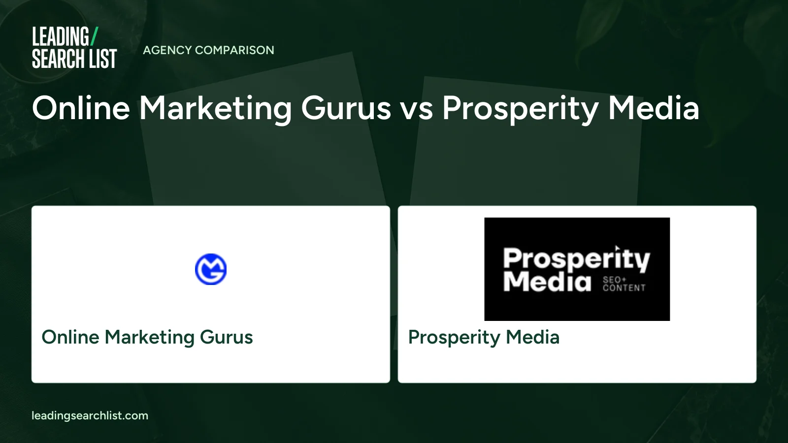 Online Marketing Gurus vs Prosperity Media. Logos shown: Online Marketing Gurus, Prosperity Media. Leading Search List.