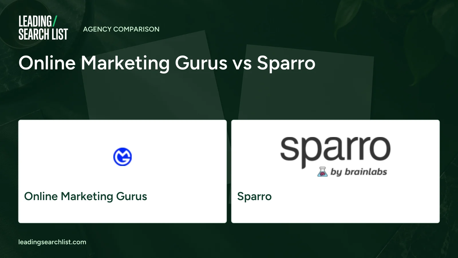 Online Marketing Gurus vs Sparro. Logos shown: Online Marketing Gurus, Sparro. Leading Search List.