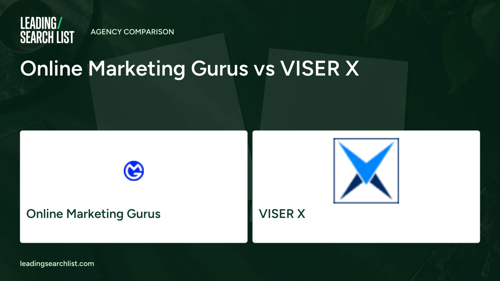 Online Marketing Gurus vs VISER X. Logos shown: Online Marketing Gurus, VISER X. Leading Search List.