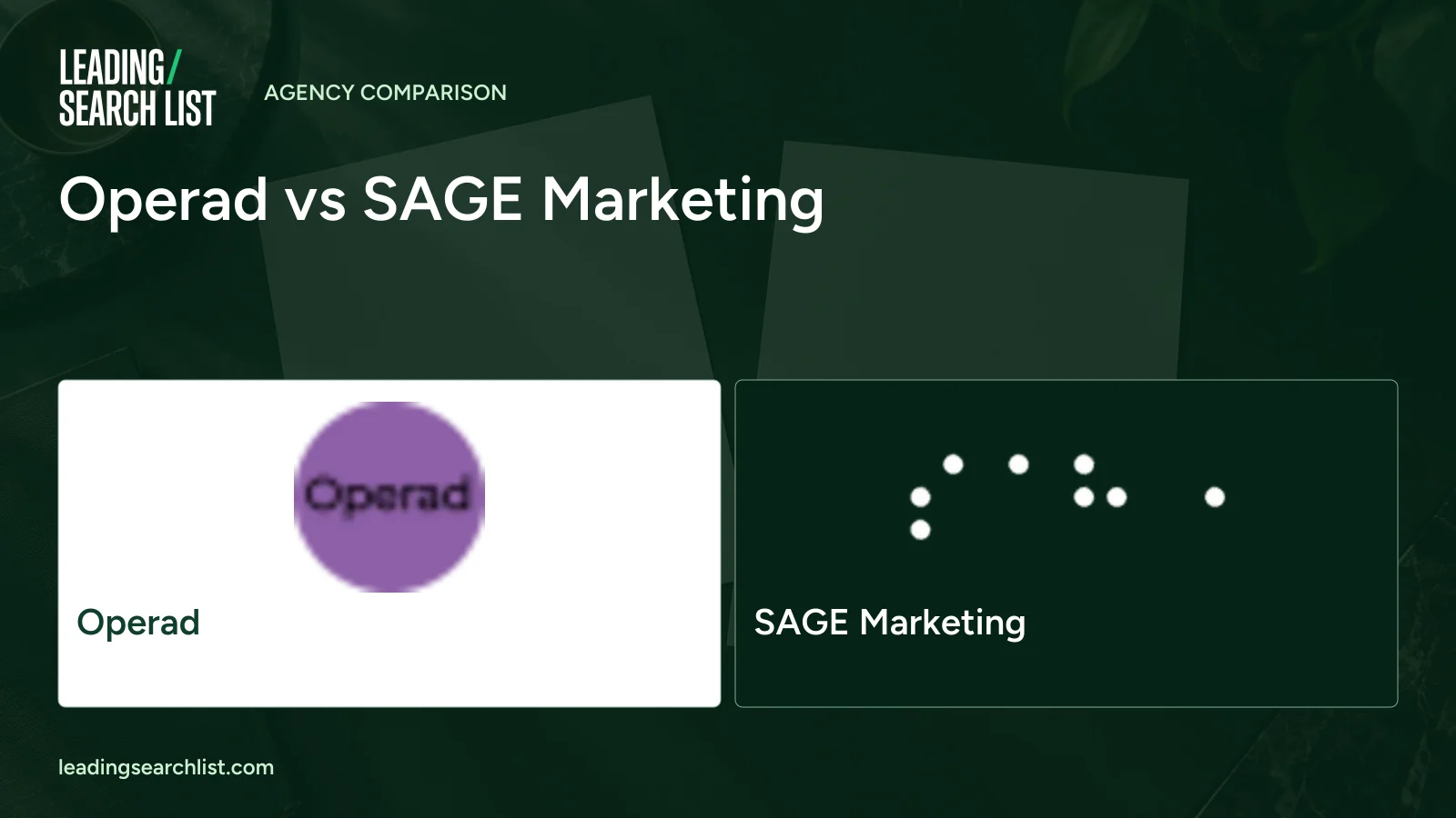 Operad vs SAGE Marketing. Logos shown: Operad, SAGE Marketing. Leading Search List.