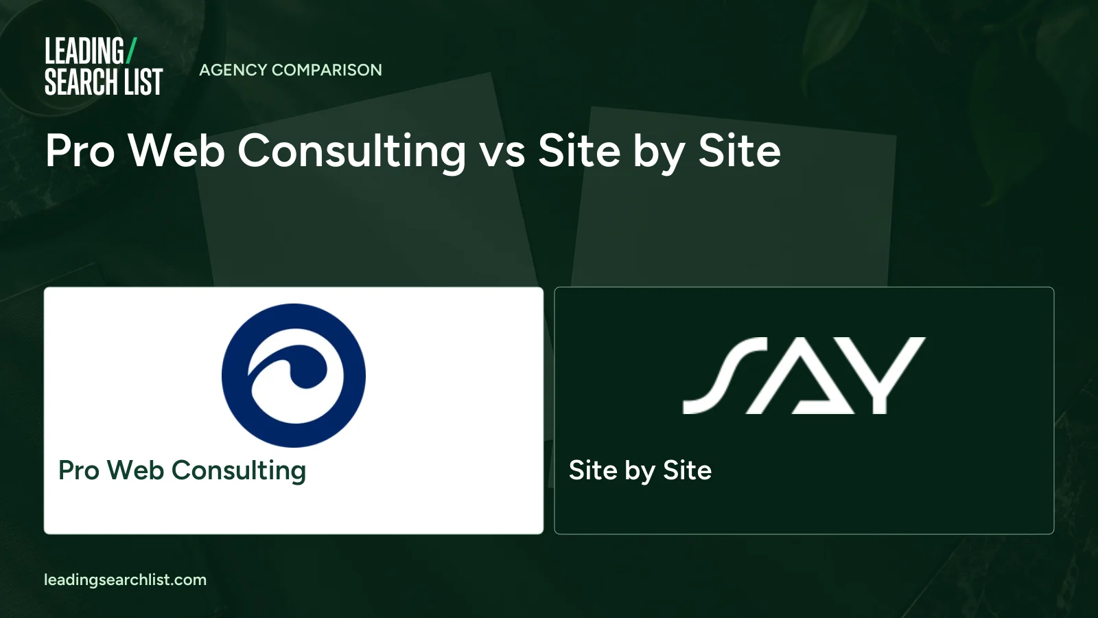Pro Web Consulting vs Site by Site. Logos shown: Pro Web Consulting, Site by Site. Leading Search List.