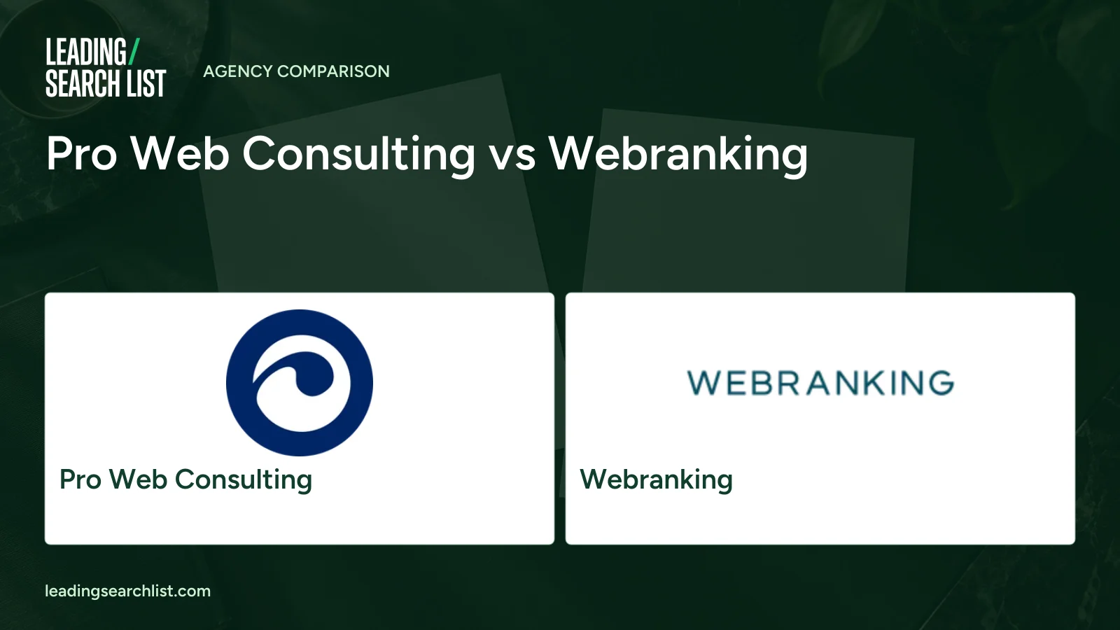 Pro Web Consulting vs Webranking. Logos shown: Pro Web Consulting, Webranking. Leading Search List.