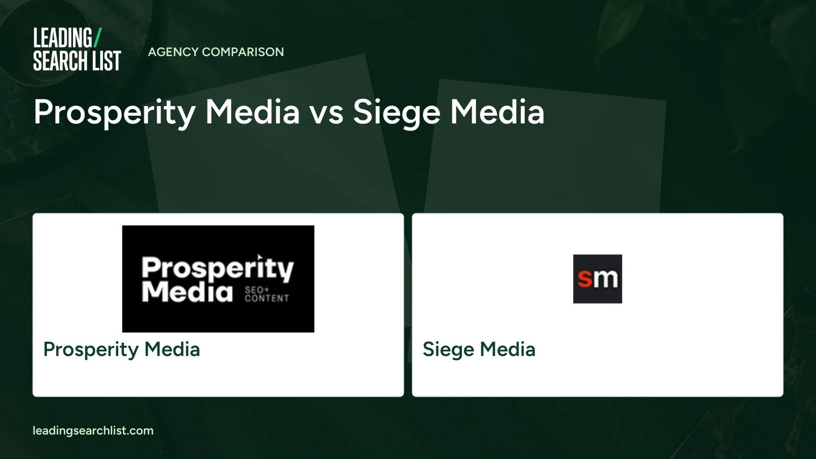 Prosperity Media vs Siege Media. Logos shown: Prosperity Media, Siege Media. Leading Search List.