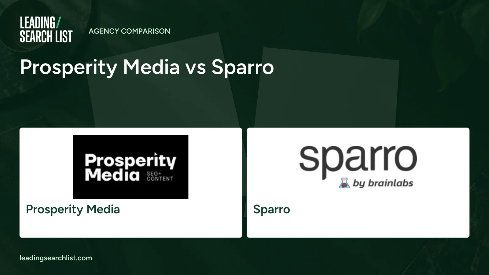 Prosperity Media vs Sparro. Logos shown: Prosperity Media, Sparro. Leading Search List.